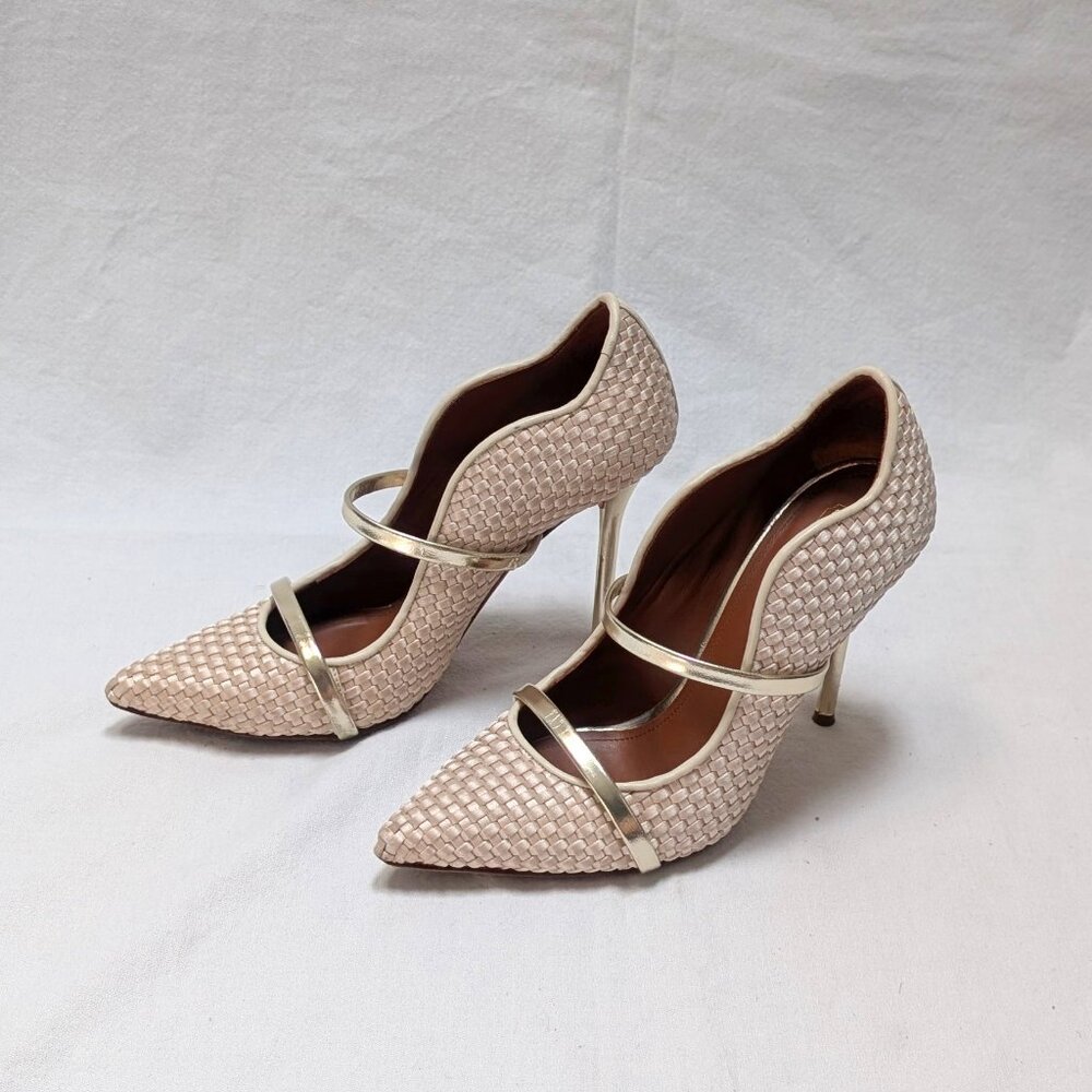 Malone Souliers Beige Weave Pumps Gold Strap Heels Size 38.5 US 8.5